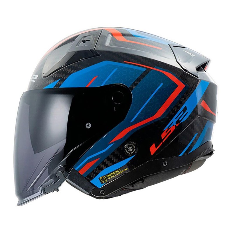 Casque moto jet LS2 OF603 Infinity II Carbon Urus Bleu Rouge Brillant