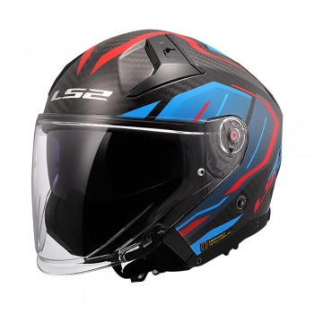 Casque moto jet LS2 OF603 Infinity II Carbon Urus Bleu Rouge Brillant